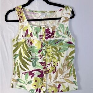 Van Heusen Linen Tropical Fitted Buttoned Tank Top Blouse Size XS lace trim